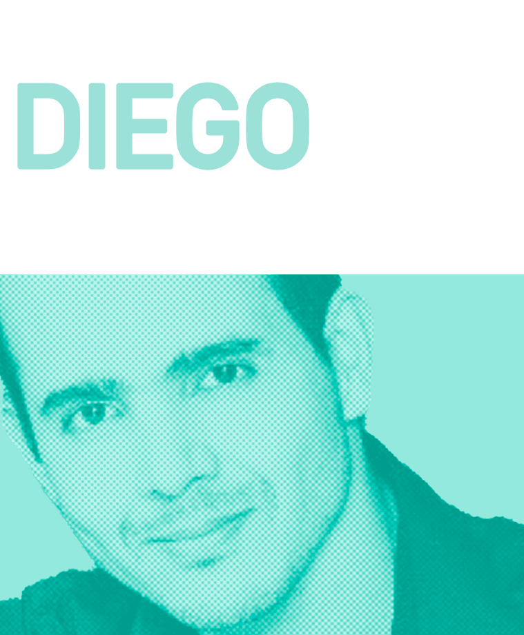 Portrait of Diego Cadavid with a turquoise and white graphic overlay, emphasizing his name.vid